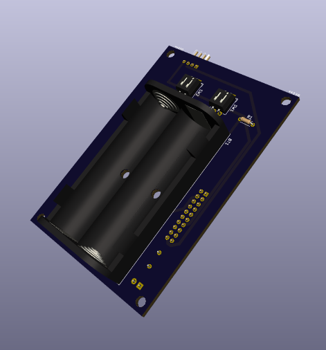 A render of a PCB showing a battery bank and some switches